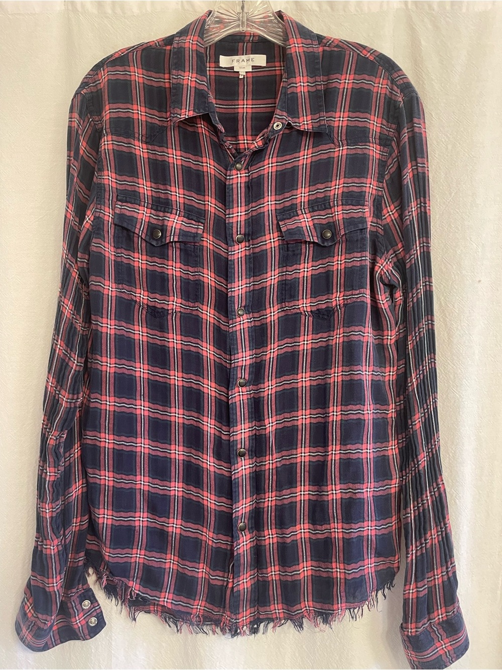 Frame Pink and Navy Plaid Snap Button-Down Shirt, size Medium